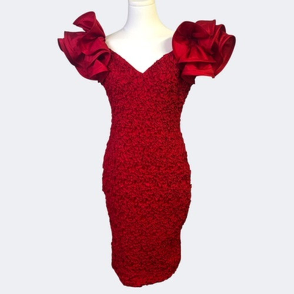 Vintage Dress Jrs 9-10 Red Ruched Crinkle Poly Ruffle Puff Sleeves ILGWU Union